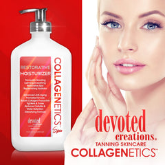Devoted Creations Collagenetics Spa Restorative Moisturizer bottle supports long-lasting hydration during morning routines