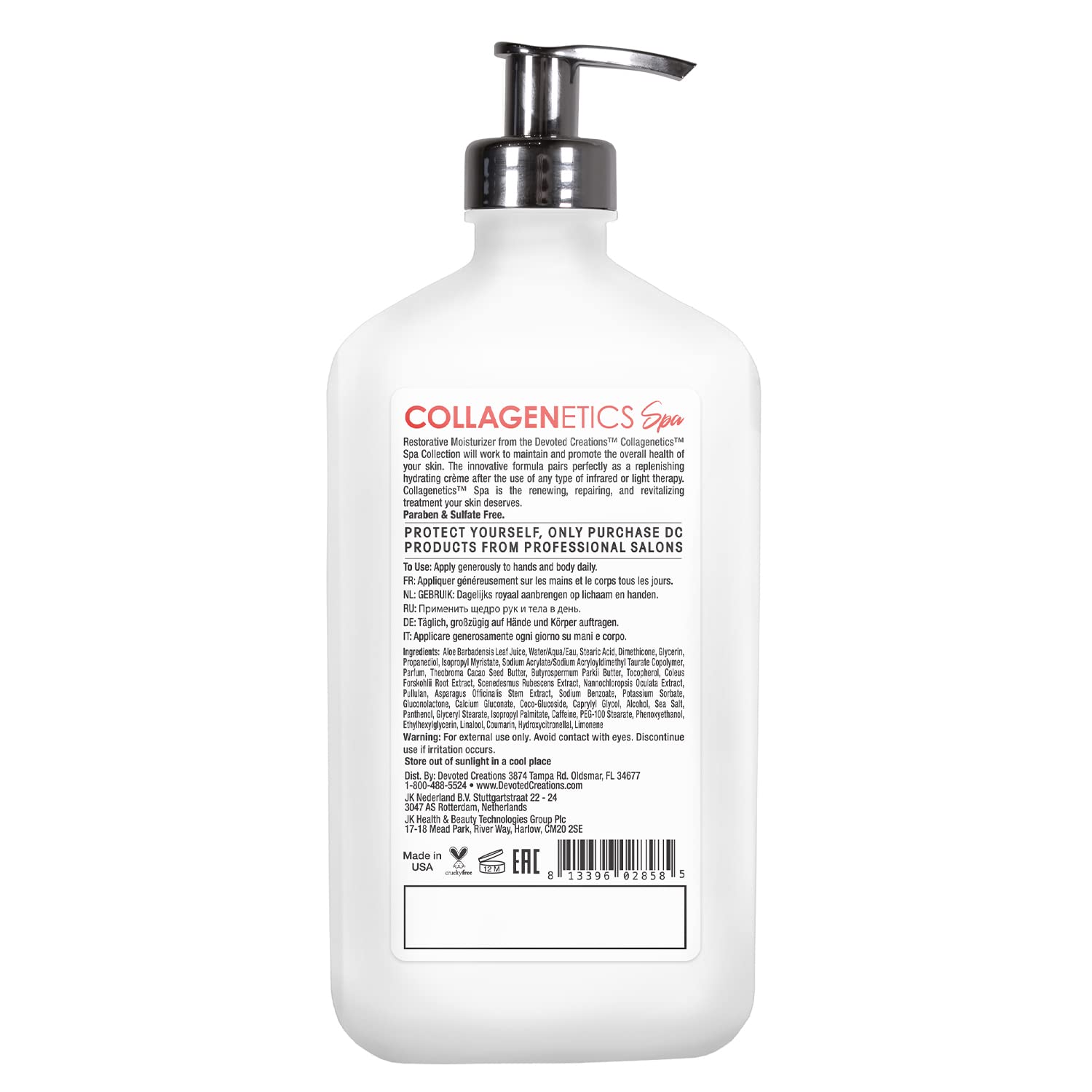 Devoted Creations Collagenetics Spa Restorative Moisturizer label highlights nourishing cocoa and shea butters for smooth skin