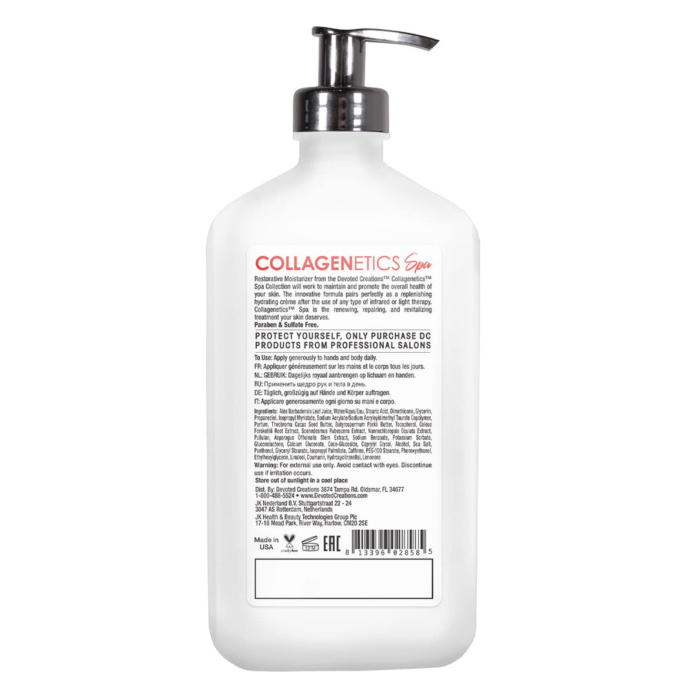 Devoted Creations Collagenetics Spa Restorative Moisturizer label highlights nourishing cocoa and shea butters for smooth skin
