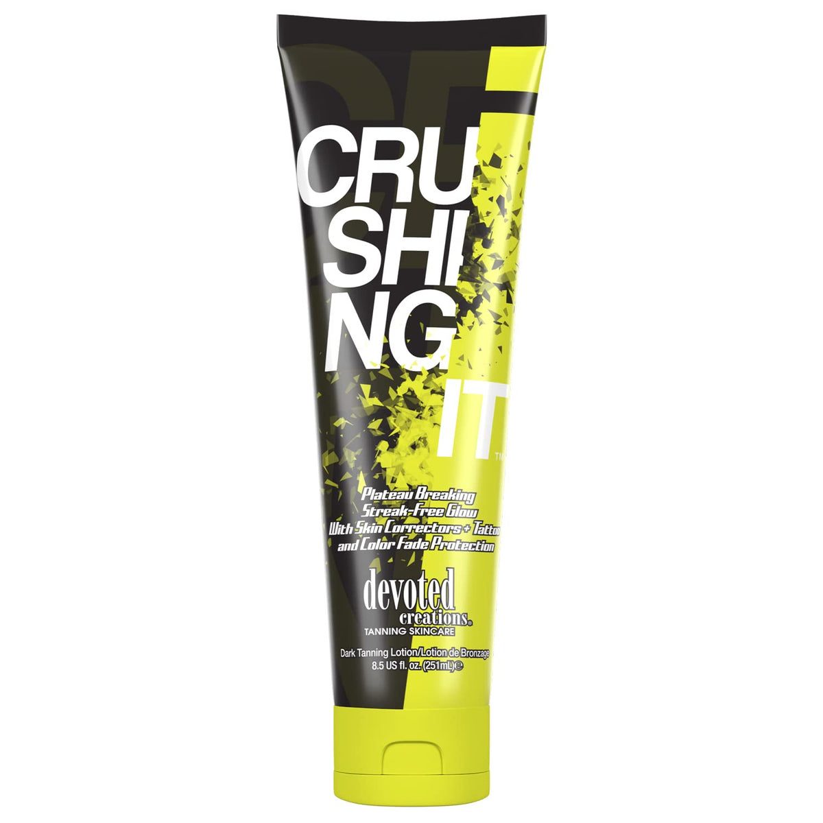 Devoted Creations Crushing It dark tanning lotion bottle showing premium packaging for radiant color