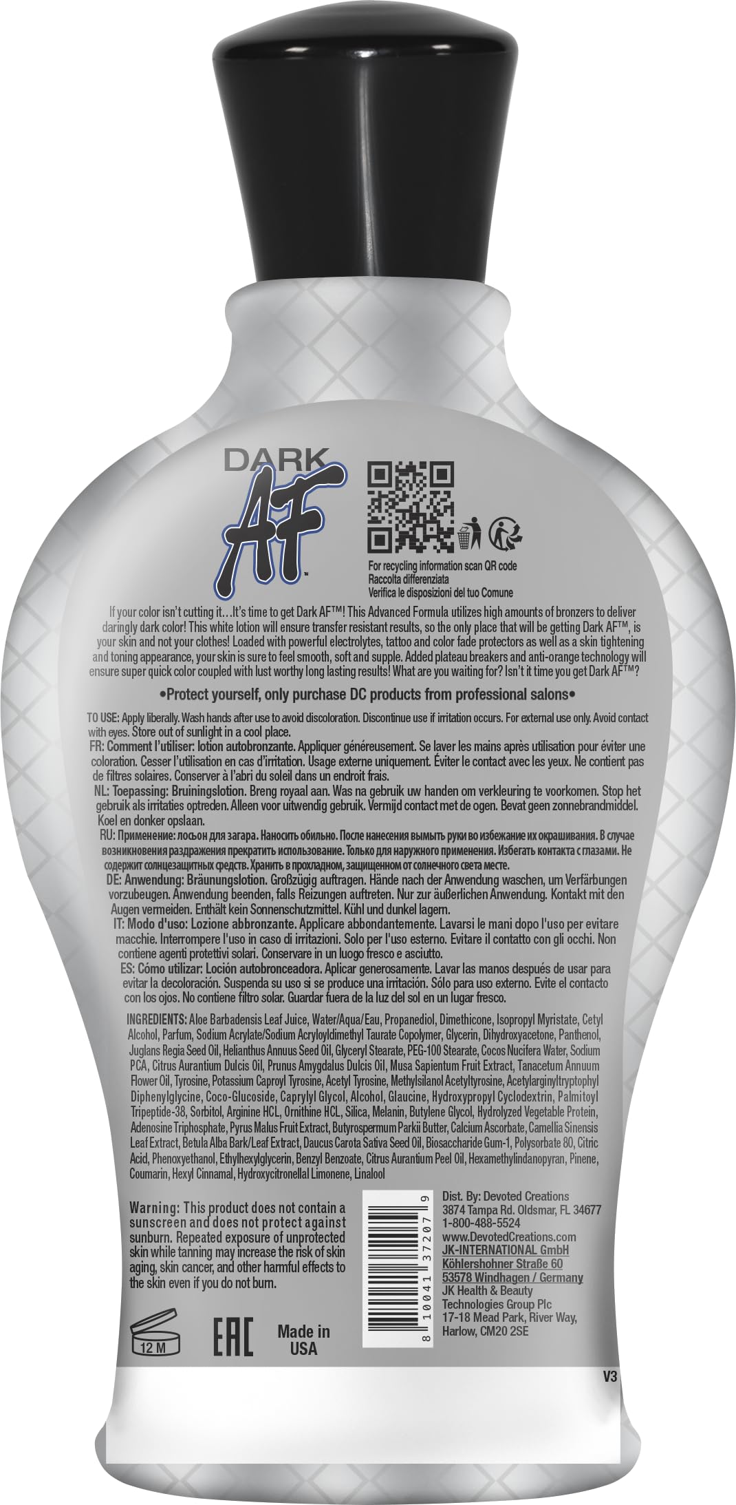 Devoted Creations Dark AF jar highlighting creamy texture for rapid, even tan and odor control.