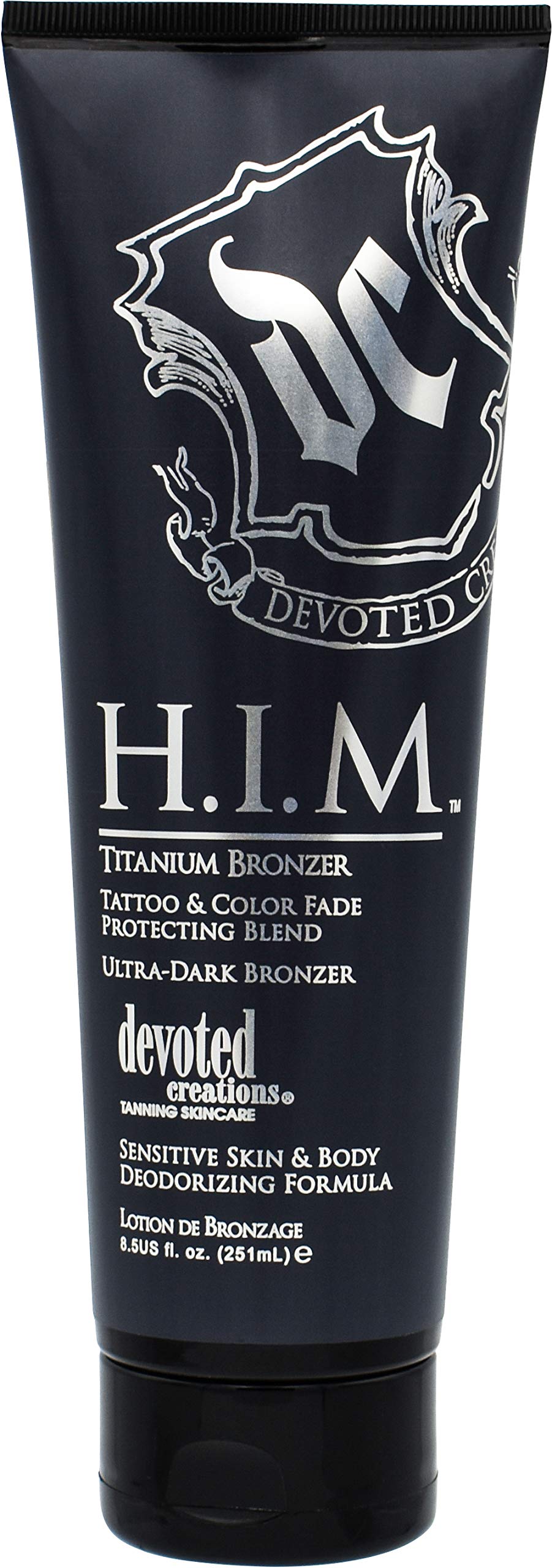 Devoted Creations H.I.M. Titanium Bronzer bottle promoting smooth, even tan with avocado extract