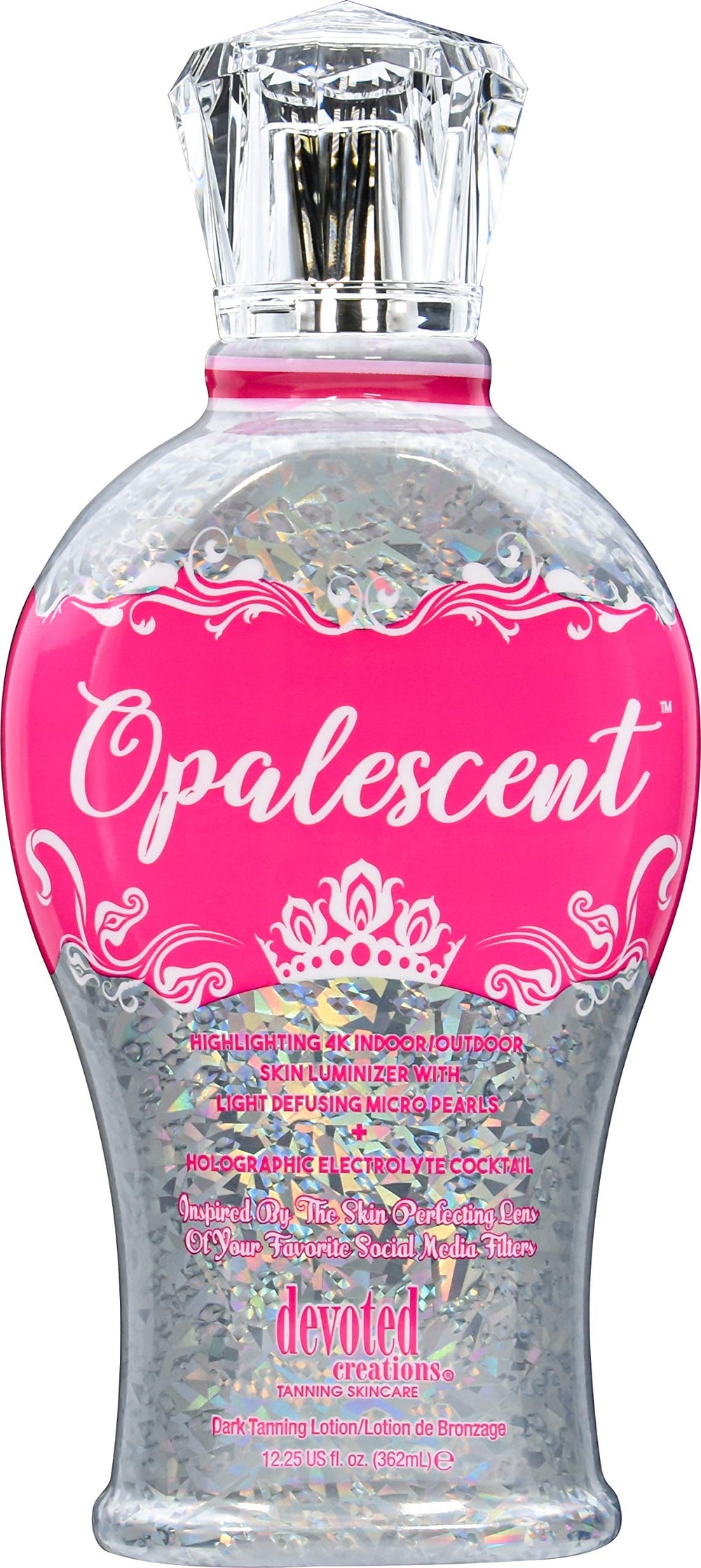 Devoted Creations Opalescent Tanning Lotion bottle showcasing bronzer-free glow for indoor or outdoor tanning.