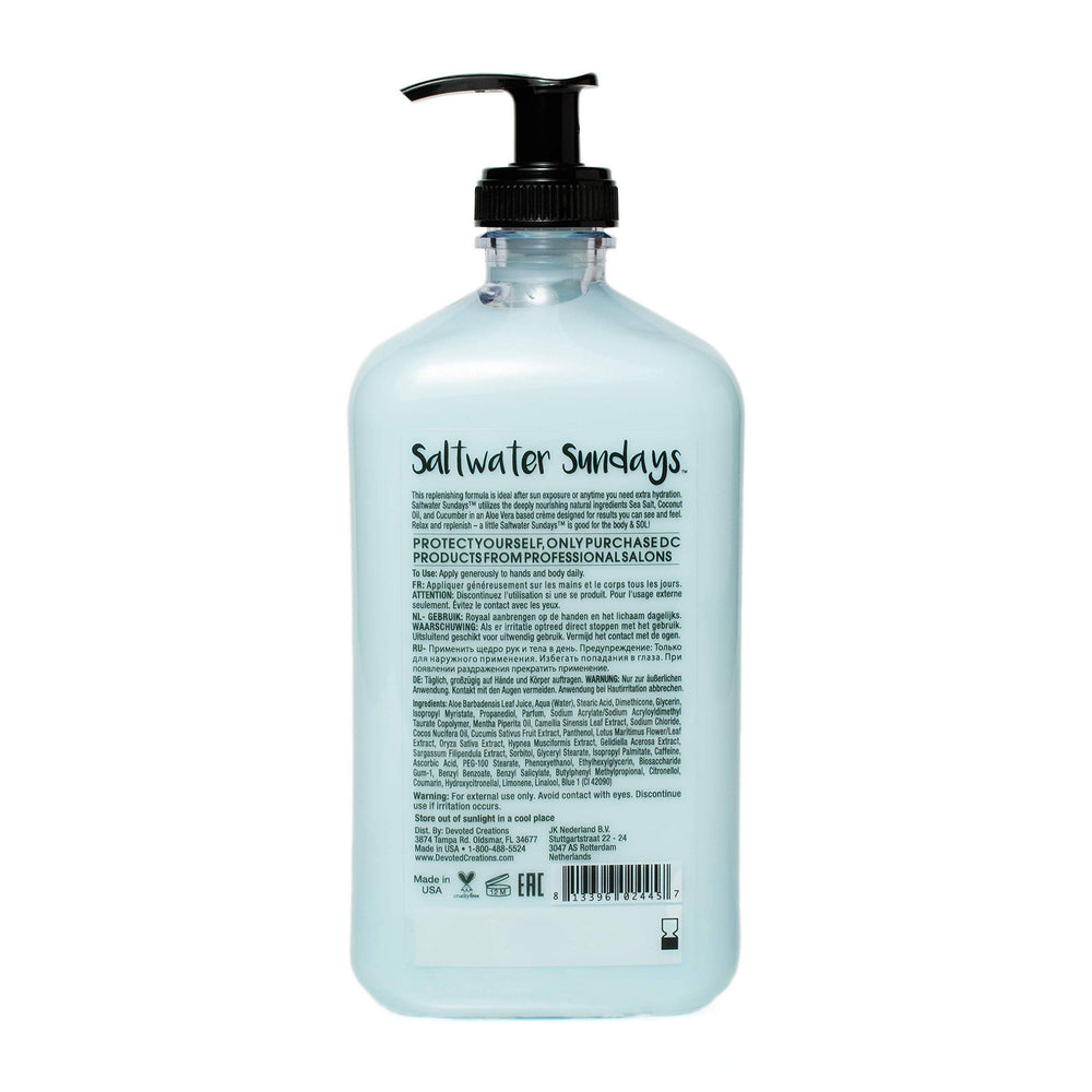 Devoted Creations Saltwater Sundays close-up bottle highlighting sea-salt inspired moisture for beach days.