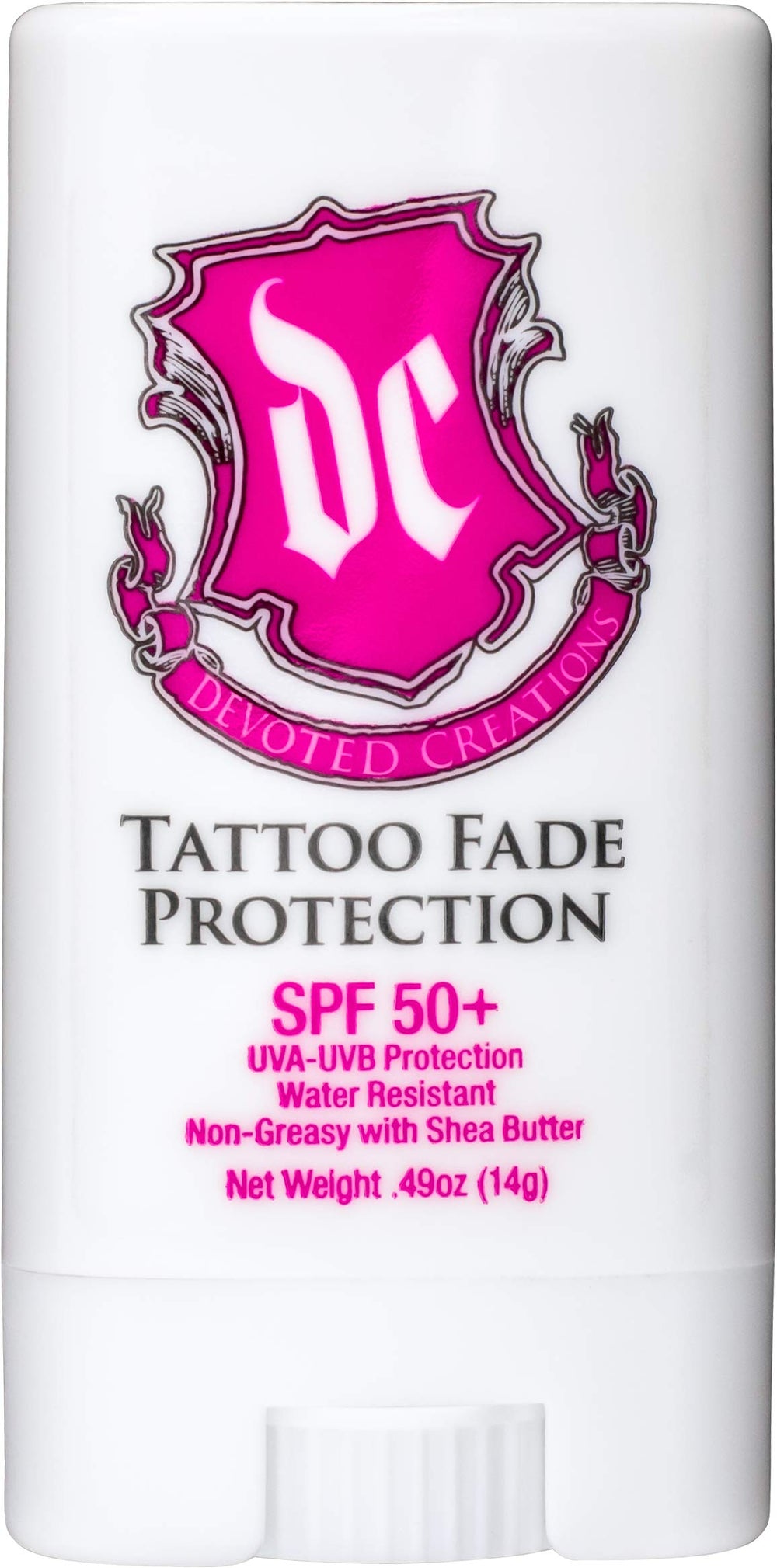 Devoted Creations Tattoo Fade Stick front view shows compact sun protection for outdoor tattoos.