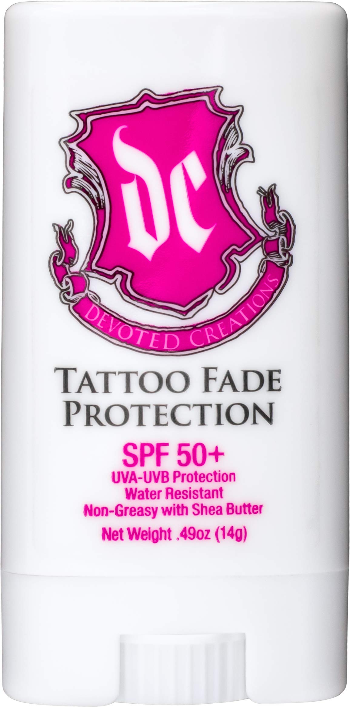 Devoted Creations Tattoo Fade Stick front view shows compact sun protection for outdoor tattoos.