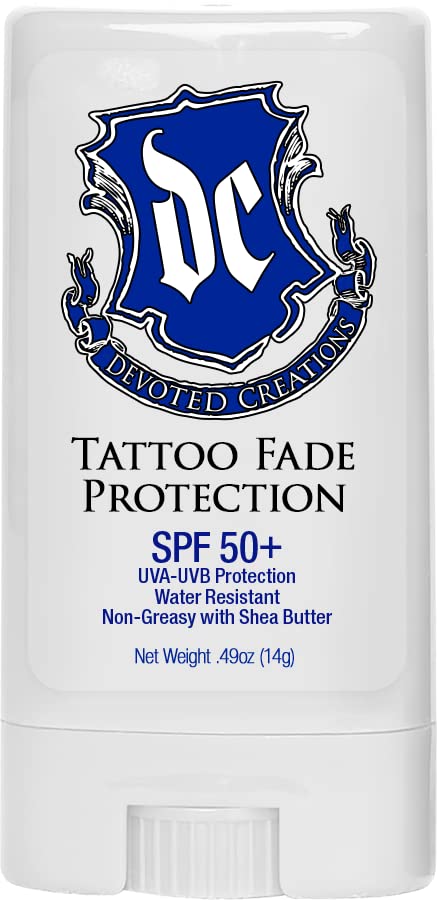 Devoted Creations Tattoo Fade Stick packaging highlights SPF 50+ and water resistance for active days.