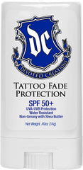 Devoted Creations Tattoo Fade Stick packaging highlights SPF 50+ and water resistance for active days.