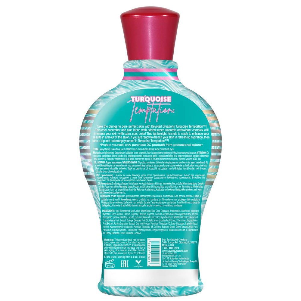 Devoted Creations Turquoise Temptation label close-up highlighting indoor/outdoor tanning versatility