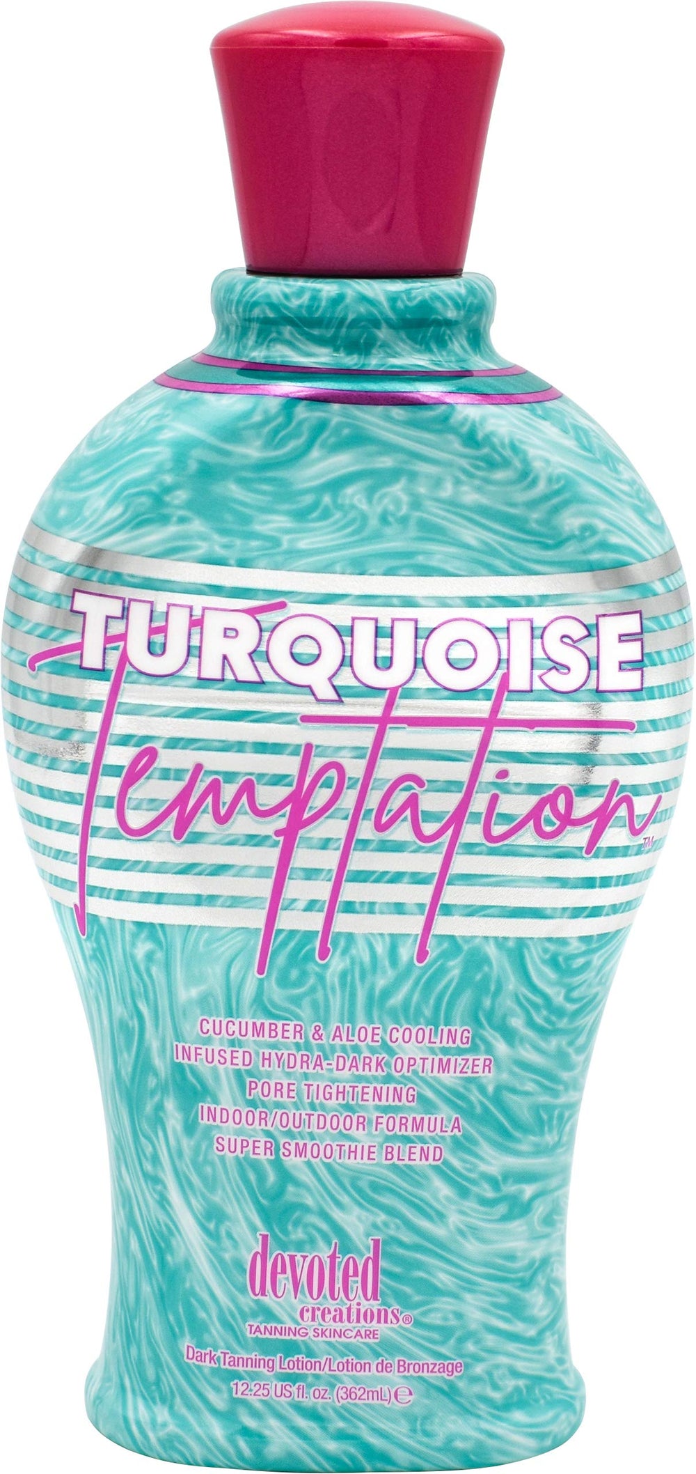 Devoted Creations Turquoise Temptation bottle close-up showing hydrating formula for a smooth tan