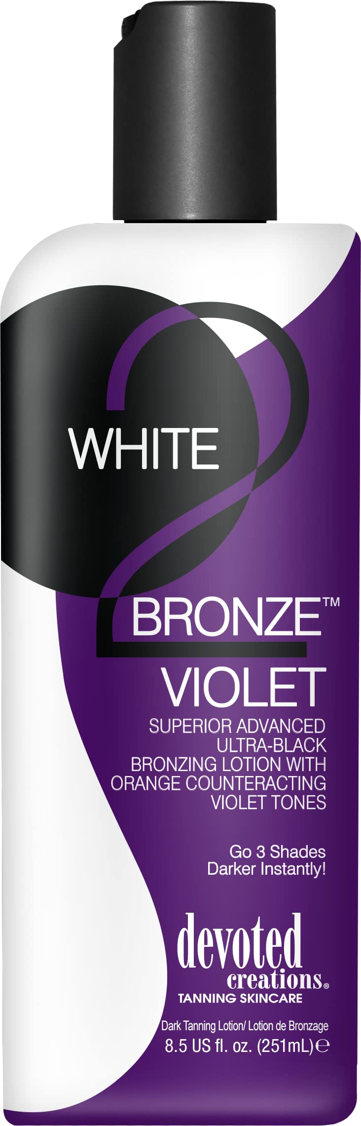 Devoted Creations White 2 Bronze Violet bottle delivering ultra-dark bronzing and hydration.