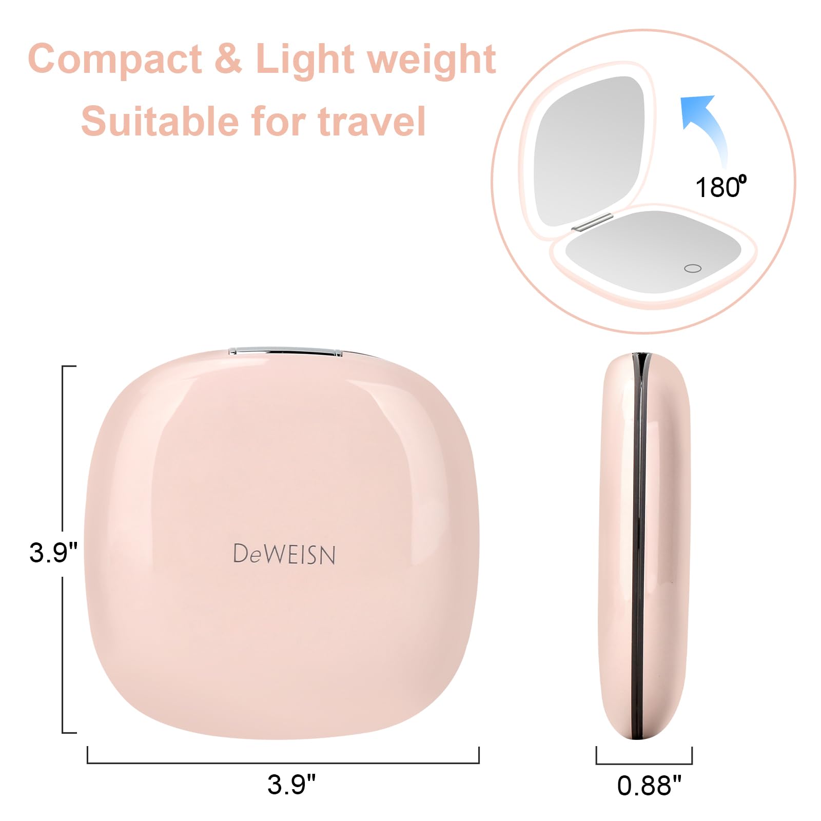 Deweisn compact mirror dimmable LED close-up highlights three color modes for any setting.