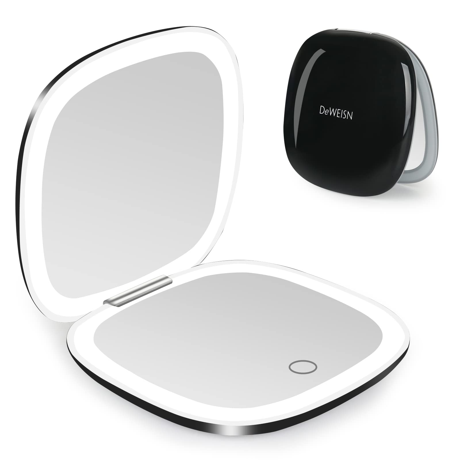 deweisn compact mirror front view illuminated LEDs for quick makeup prep.