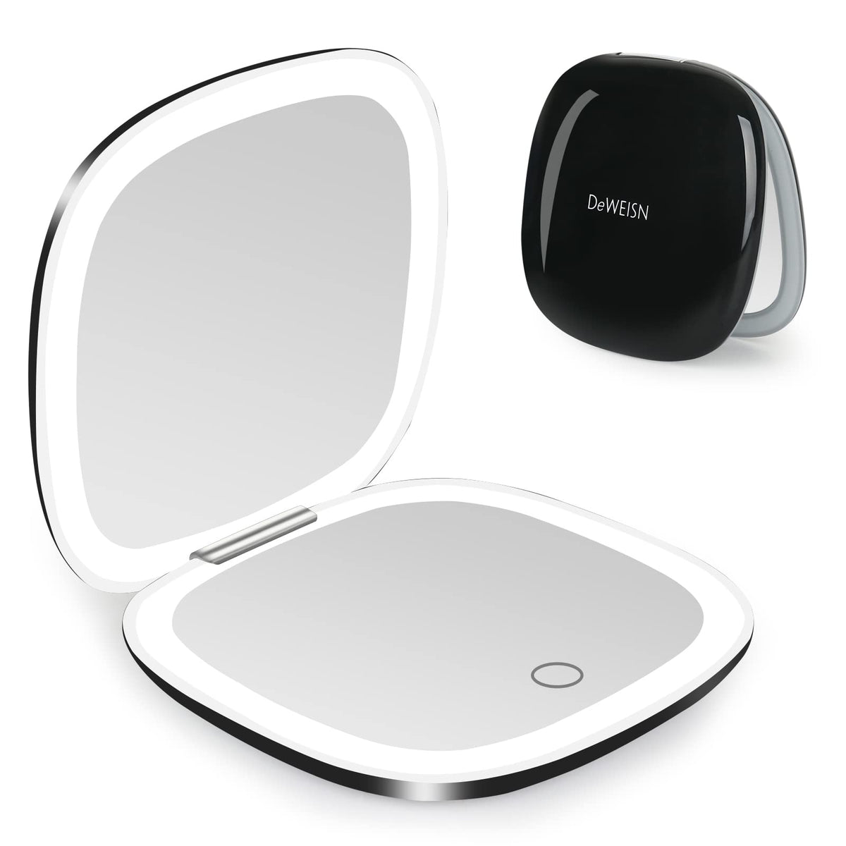 deweisn compact mirror front view illuminated LEDs for quick makeup prep.