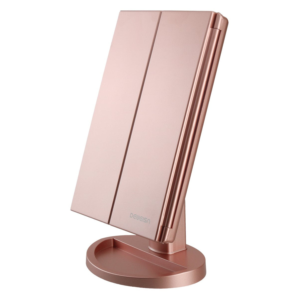 Deweisn dresser-mount tri-fold mirror front view with 21 LEDs for clear daytime-to-dusk makeup
