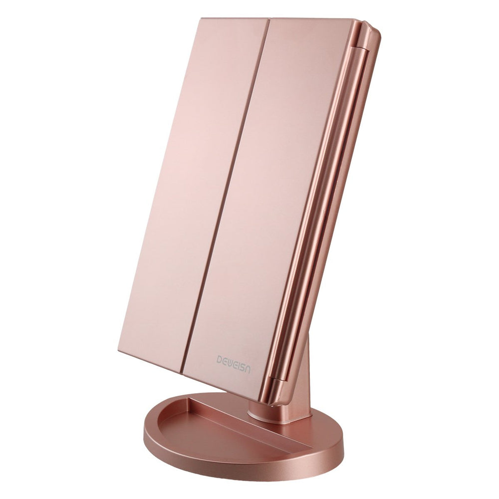 Deweisn dresser-mount tri-fold mirror front view with 21 LEDs for clear daytime-to-dusk makeup