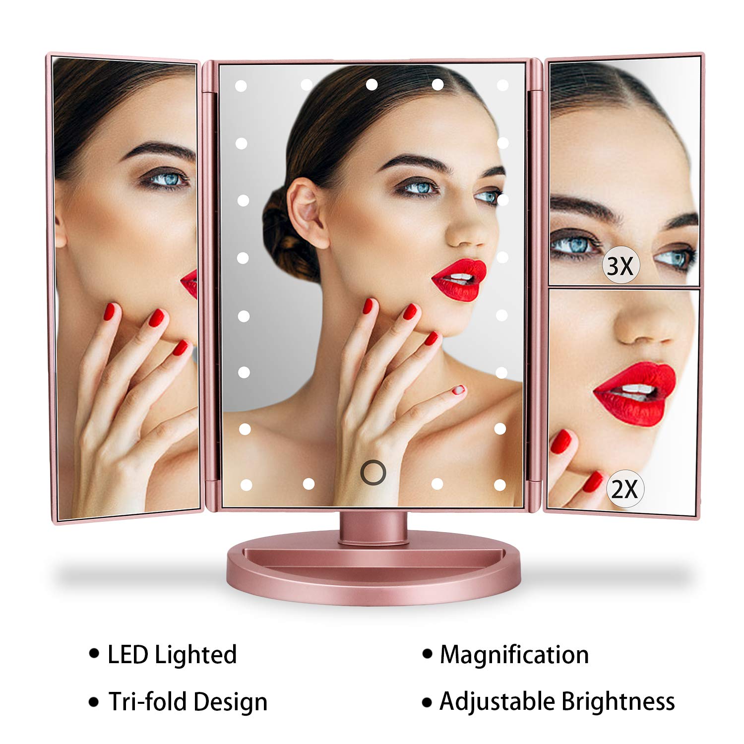 Deweisn dresser-mount tri-fold mirror travel-ready with dual power options