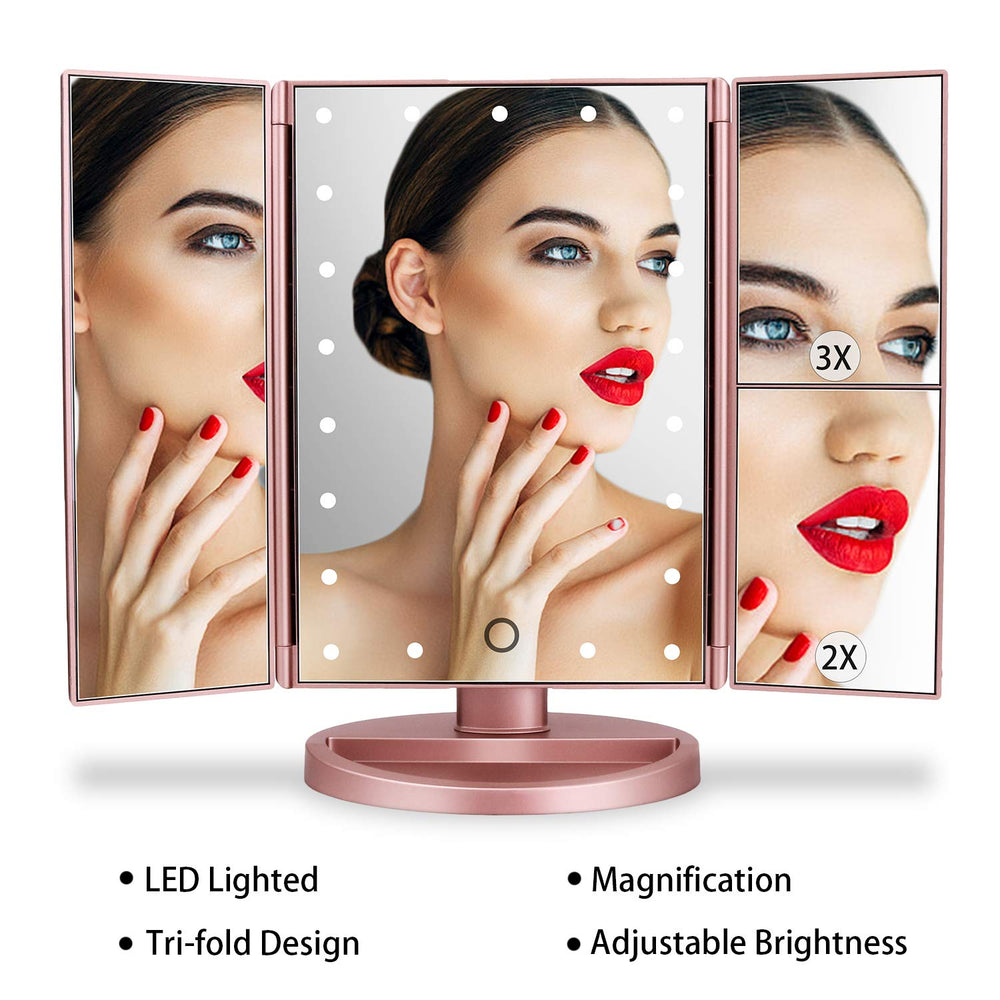 Deweisn dresser-mount tri-fold mirror travel-ready with dual power options