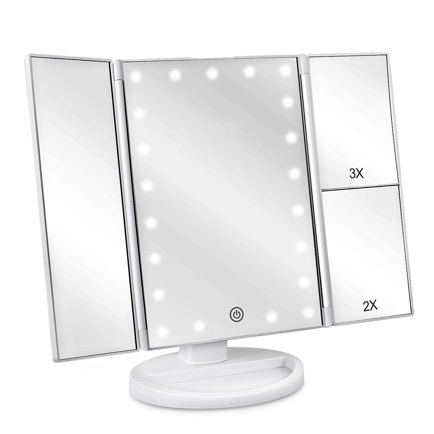 Deweisn floor-mount tri-fold LED makeup mirror front view for precise makeup in dim rooms