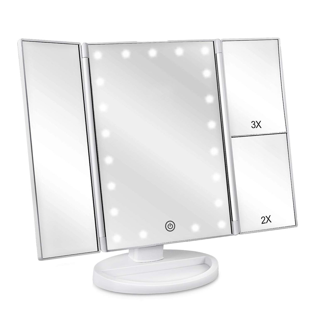 Deweisn floor-mount tri-fold LED makeup mirror front view for precise makeup in dim rooms