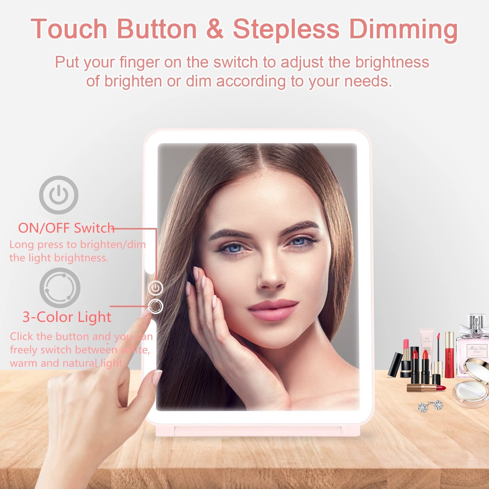 The deweisn pink vanity mirror is compact and ultra-thin for travel.
