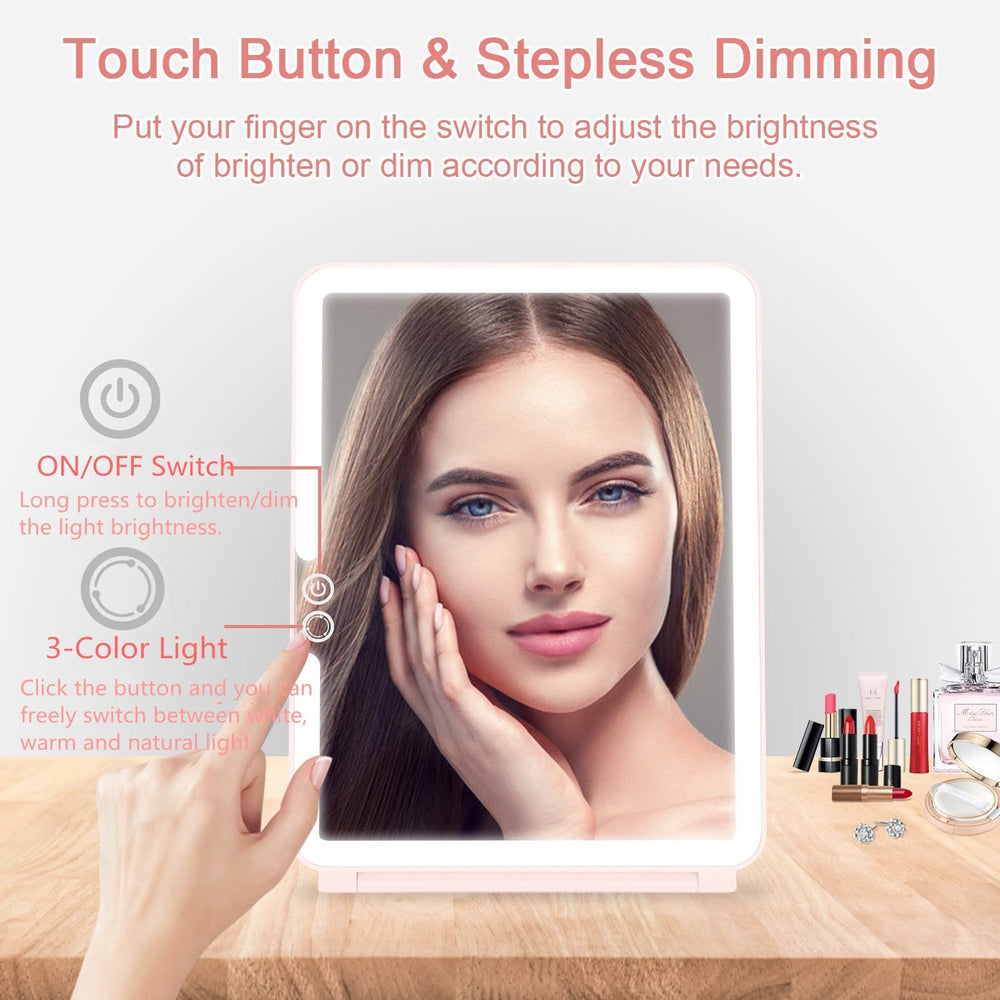 The deweisn pink vanity mirror is compact and ultra-thin for travel.