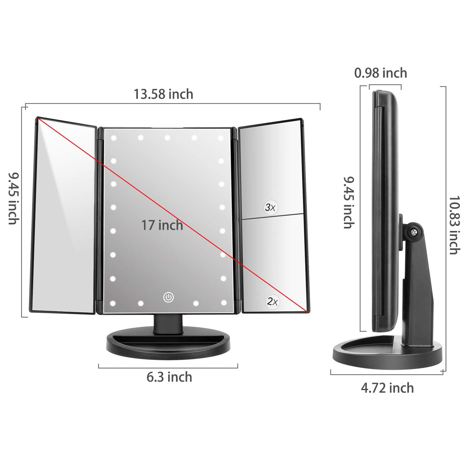 Deweisn mirror close-up shows 3X/2X/1X magnification for precise grooming.