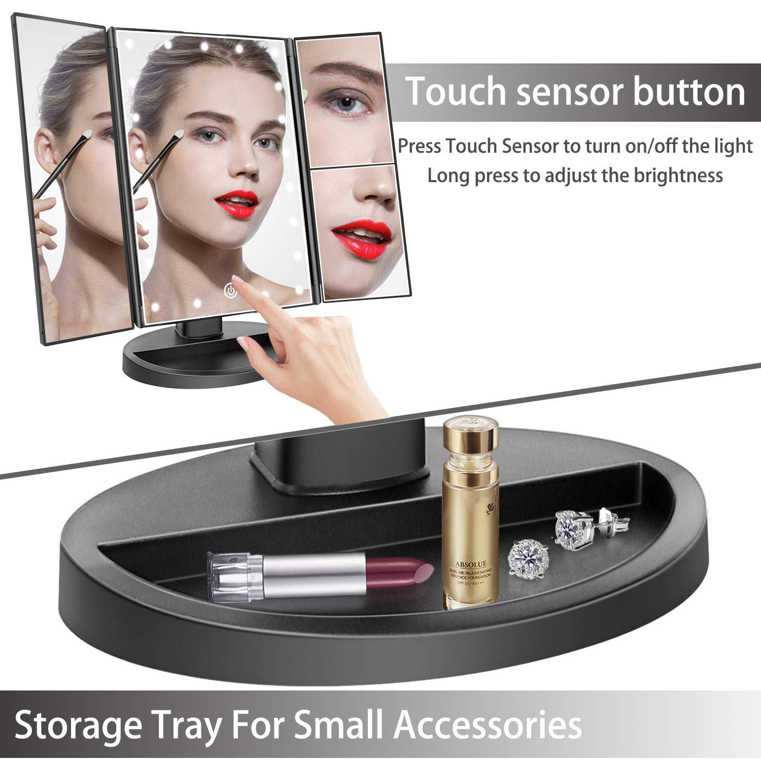 Deweisn travel mirror supports USB or battery power for on-the-go touchups.