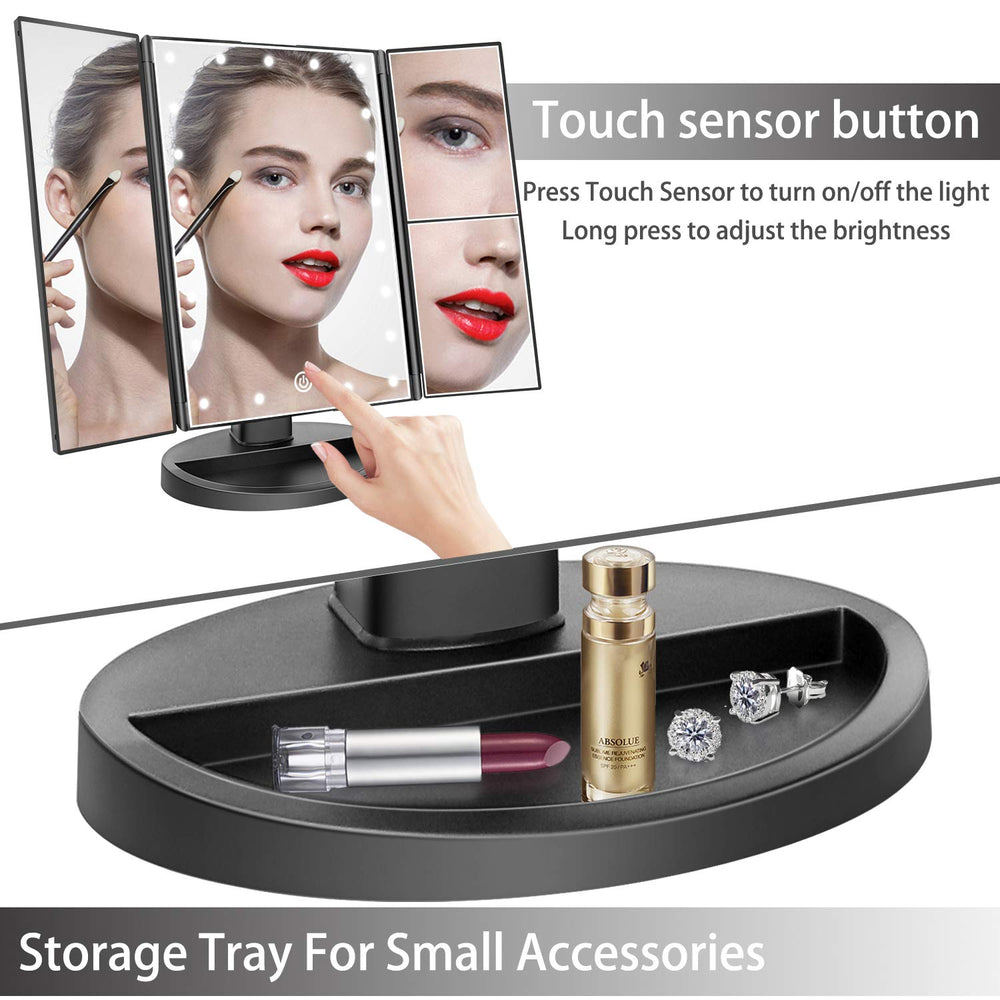 Deweisn travel mirror supports USB or battery power for on-the-go touchups.