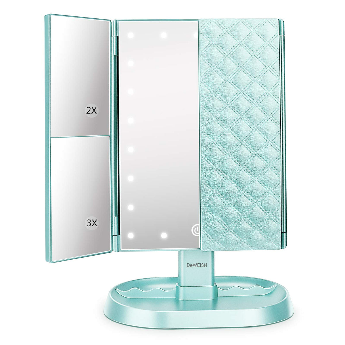 deweisn trifold lighted vanity mirror shows 21 LEDs for precise makeup lighting