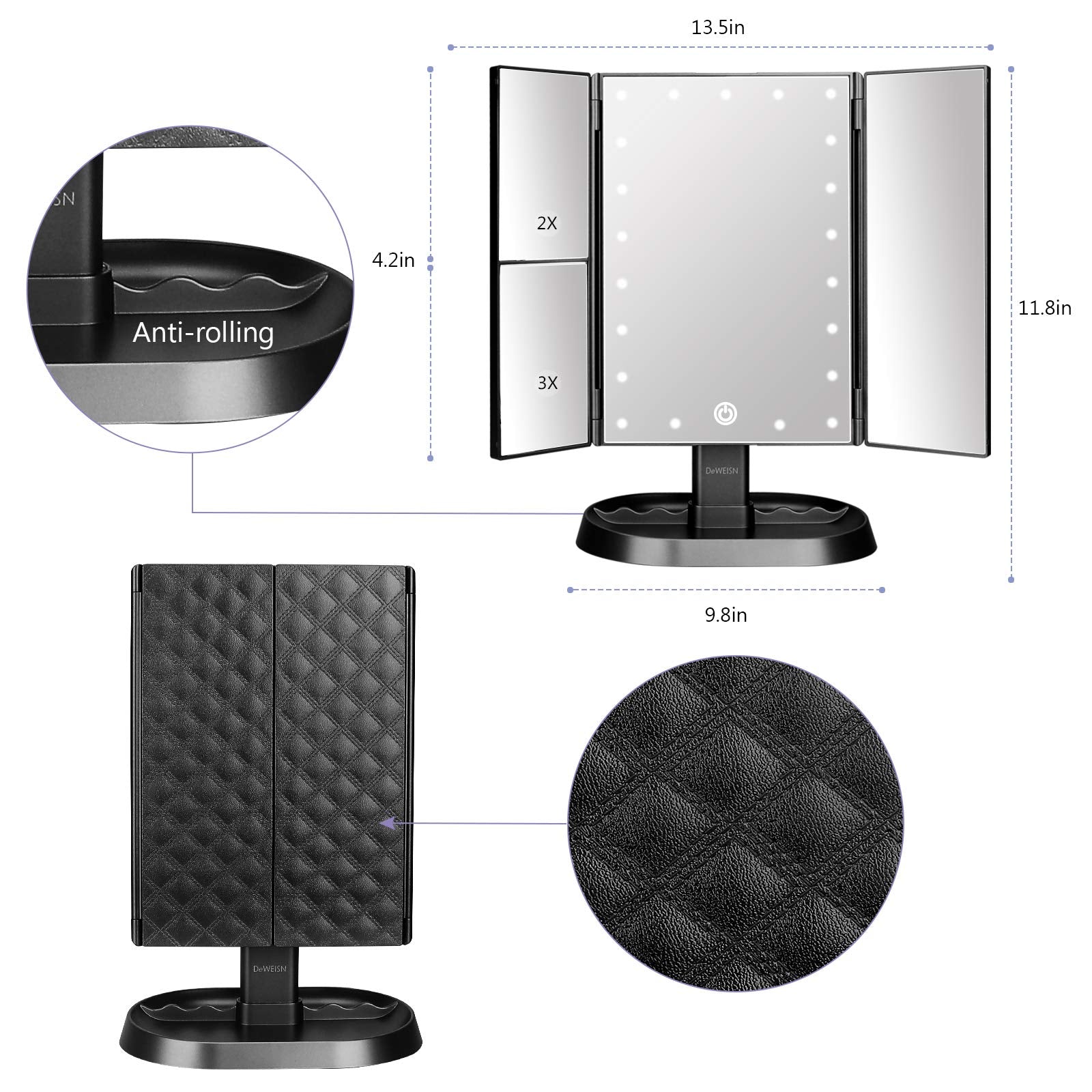 deweisn Trifold vanity mirror 3x magnification closeup highlights precise makeup details