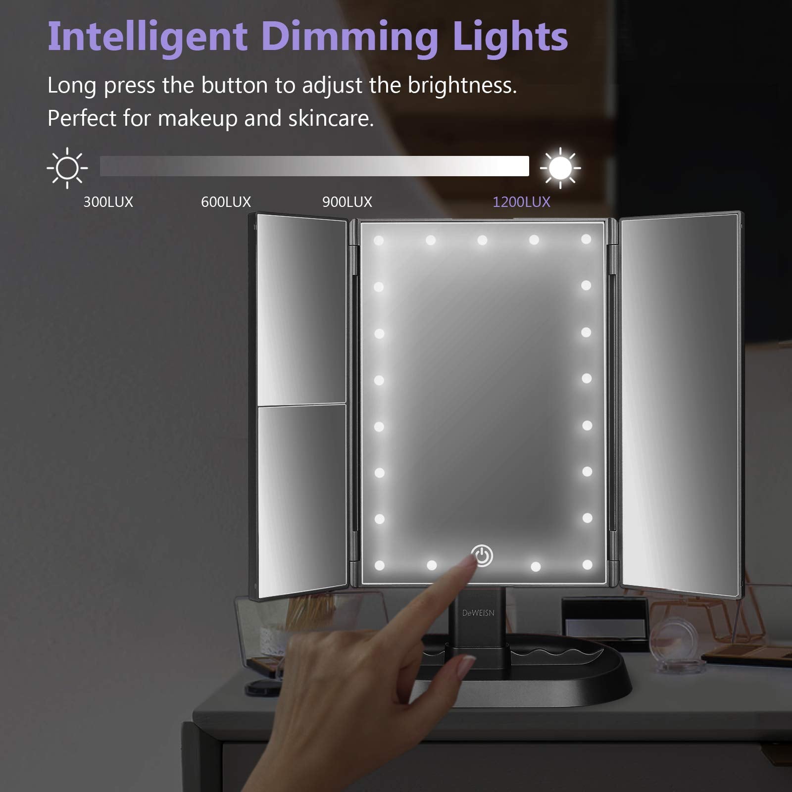 deweisn Trifold vanity mirror touch control brightness for customized lighting