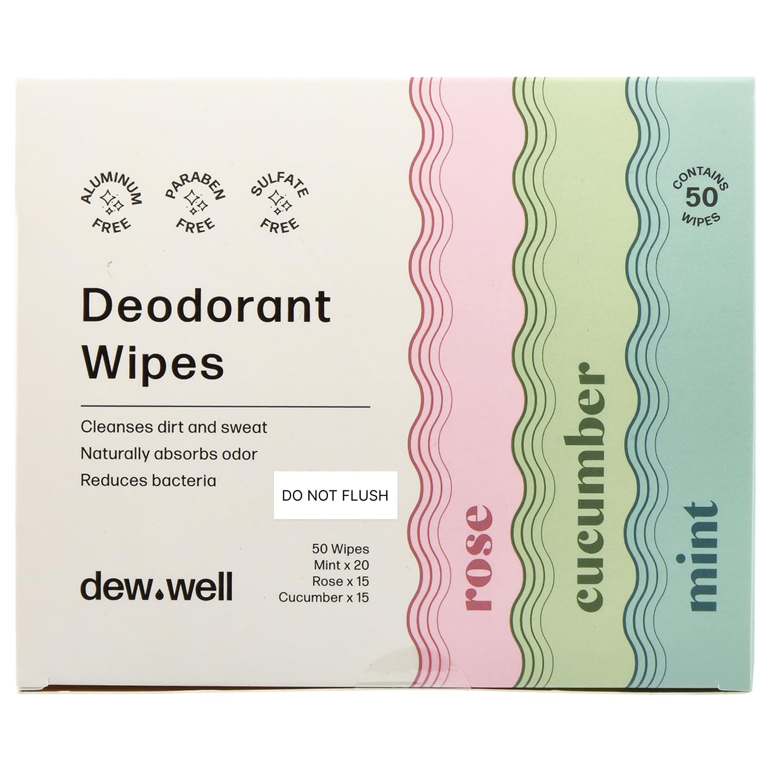 Dew Well Deodorant Wipes packaging shows compact travel-ready design for on-the-go refreshment