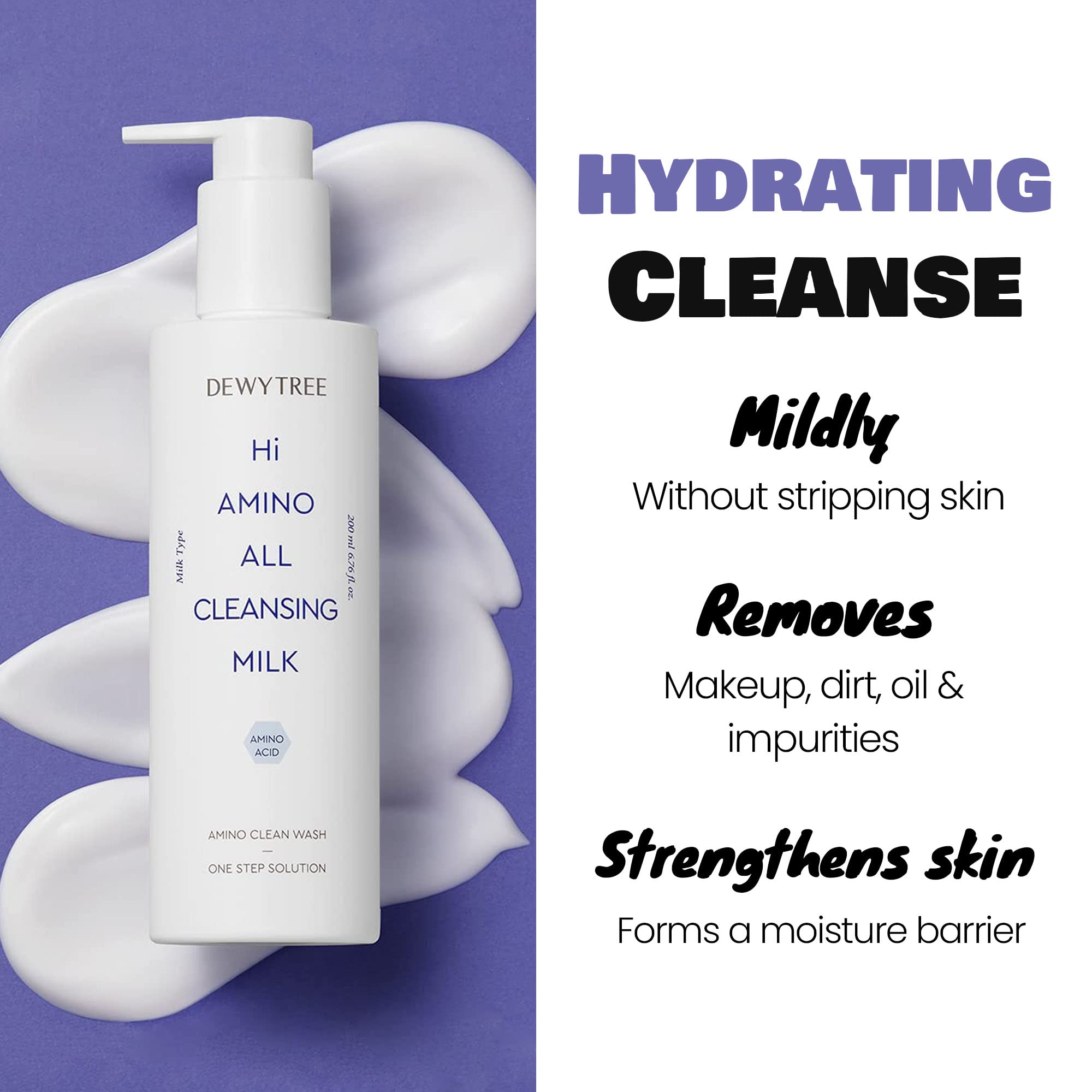 Dewytree Hi Amino All cleansing milk bottle closeup shows soothing texture for daily cleansing