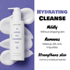Dewytree Hi Amino All cleansing milk bottle closeup shows soothing texture for daily cleansing
