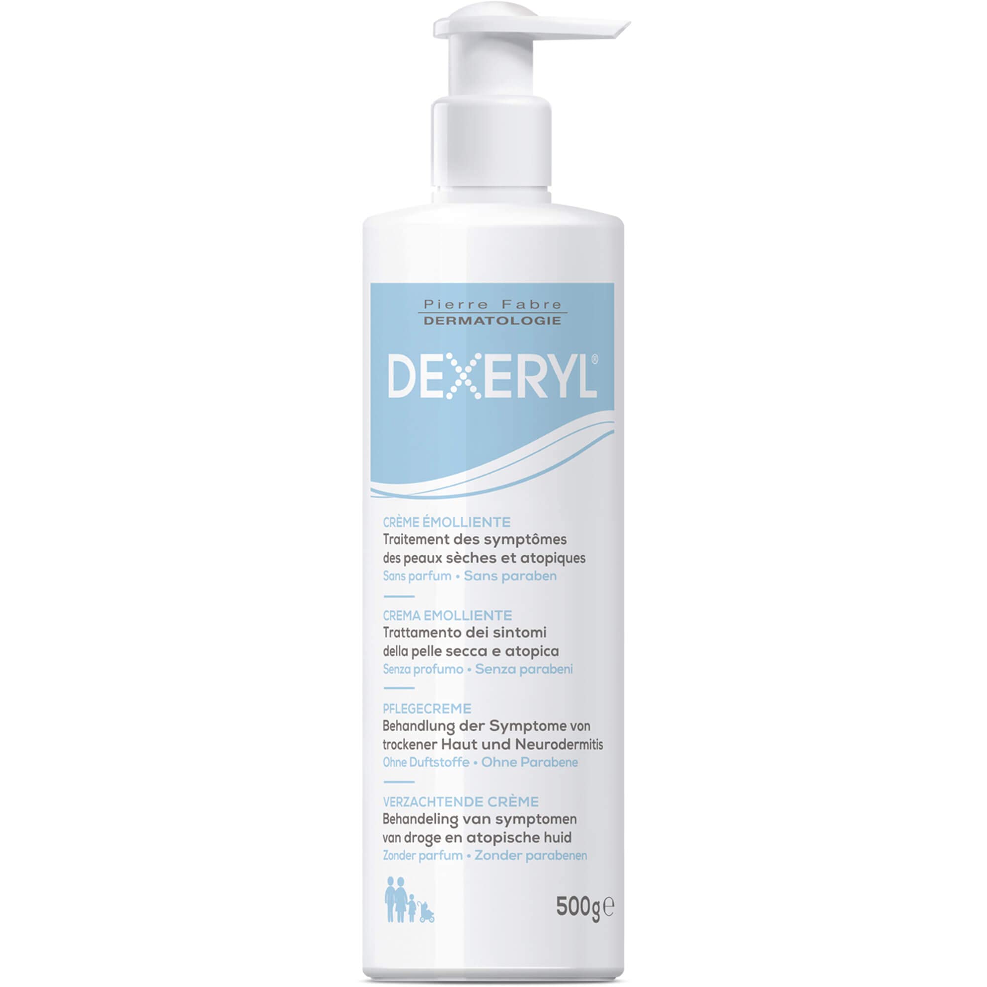 DEXERYL Creme 500g jar highlighting rich moisturizing cream for dry and sensitive skin relief.