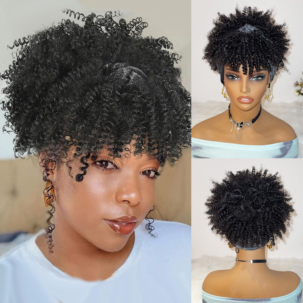 DEYNGS black kinky curly headband wig front view shows easy 2-in-1 styling