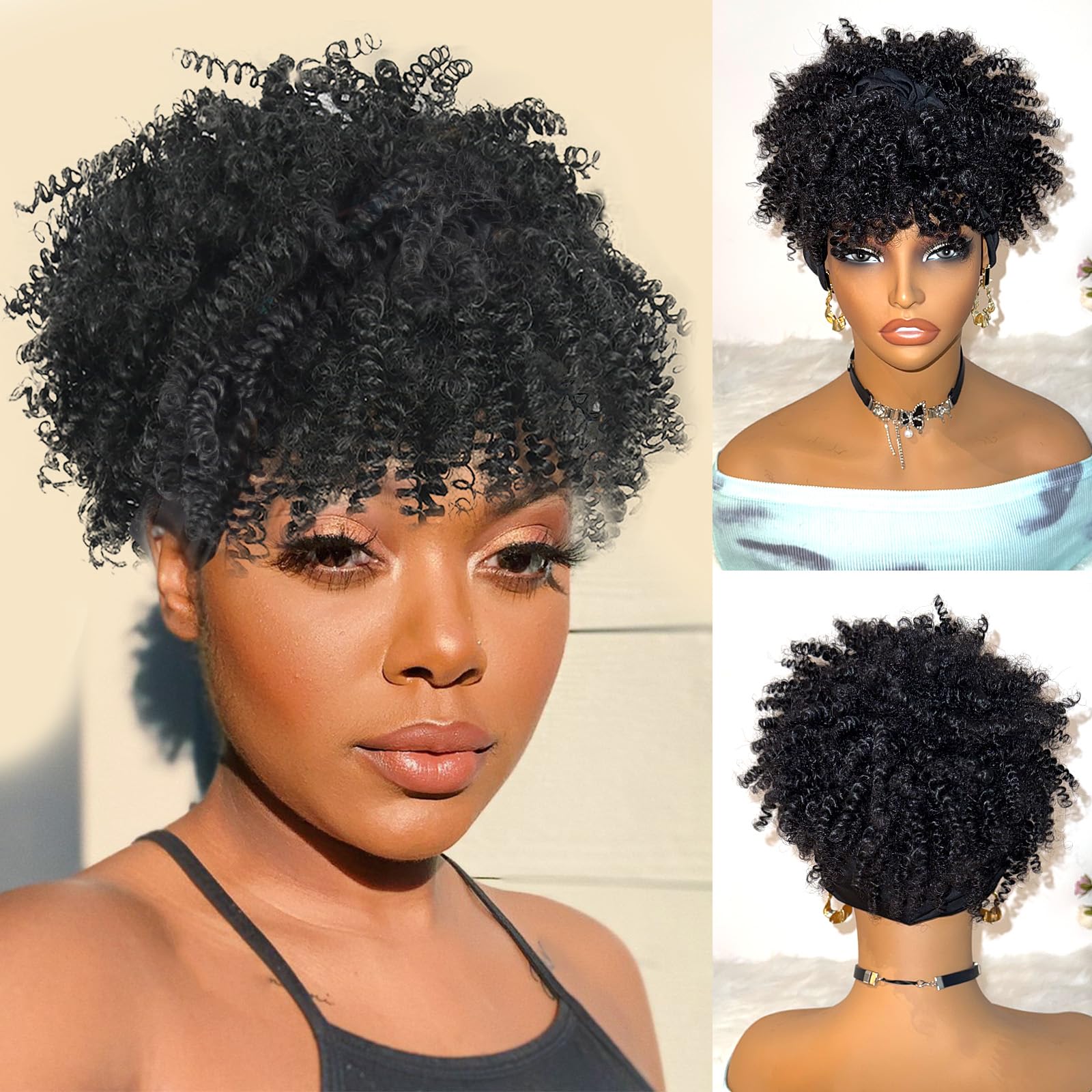 DEYNGS headband wig Afro kinky-puff front view shows soft, tangle-resistant fibers for daily wear.