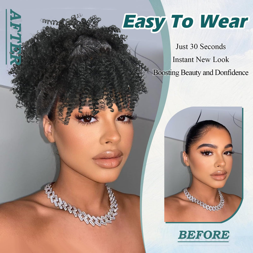 DEYNGS short Afro puff wig with bangs for quick stylish looks