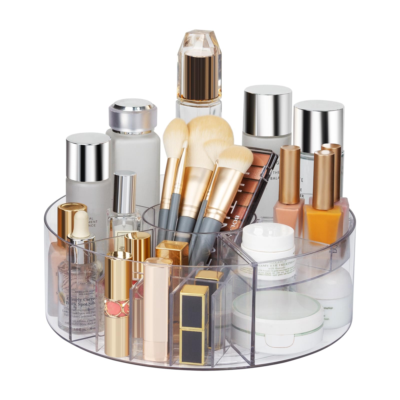 Dezzer 360° rotating makeup organizer top view for quick vanity access and neat storage.
