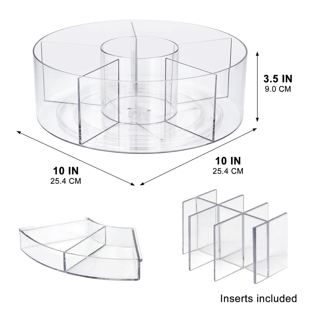 Dezzer turntable dividers close-up highlights organized compartments for brushes and lipsticks.