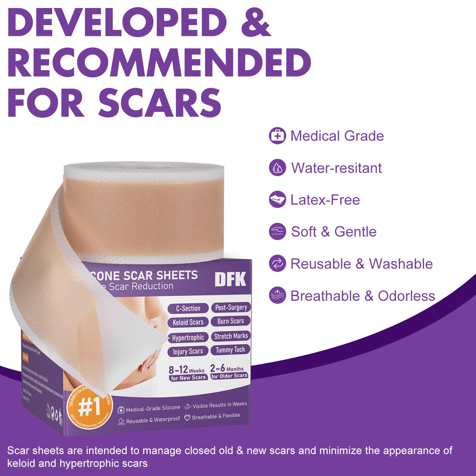 DFK silicone scar sheets cut to length for easy, custom application.