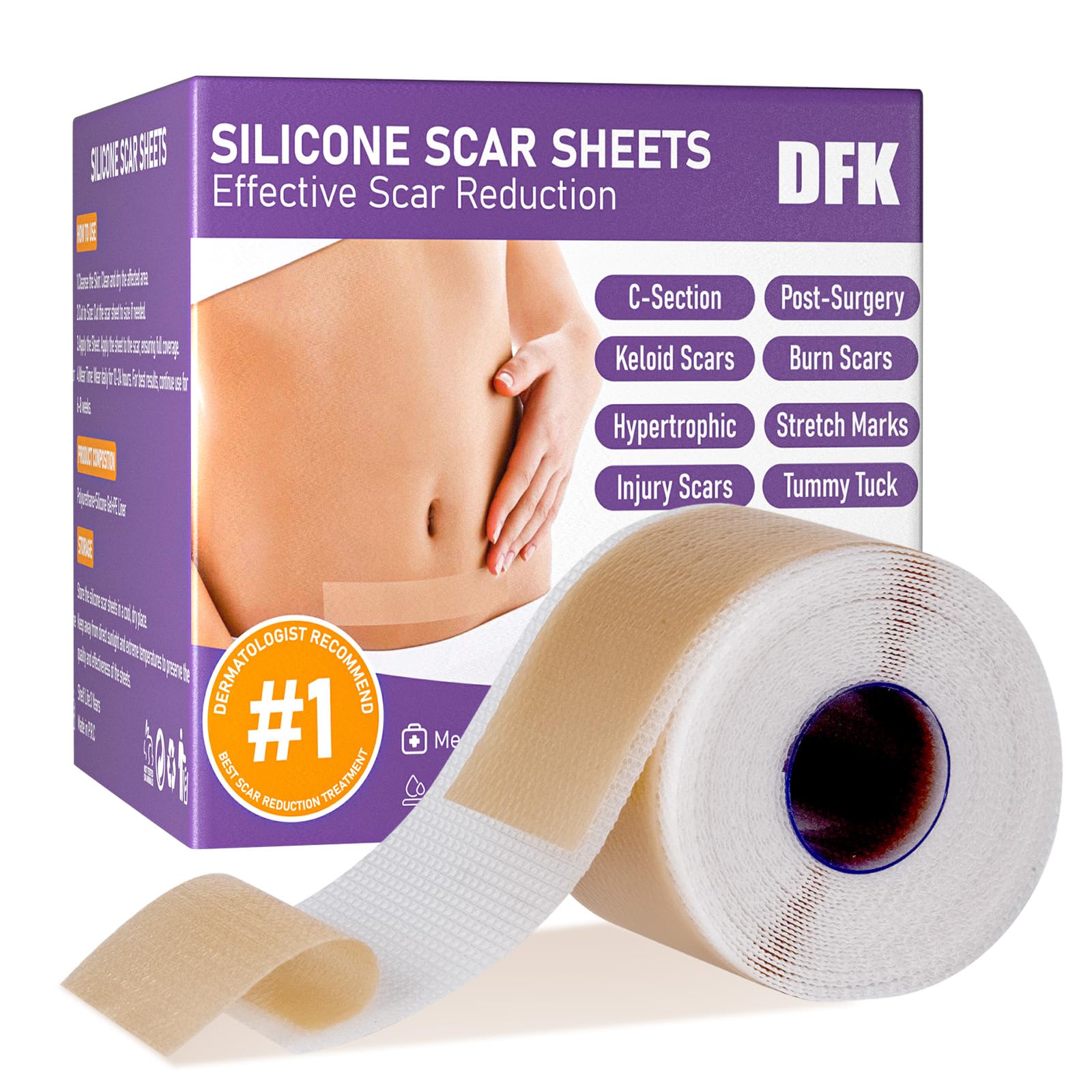 DFK silicone scar sheets pack demonstrates versatile scar care with gentle, hydrating silicone.