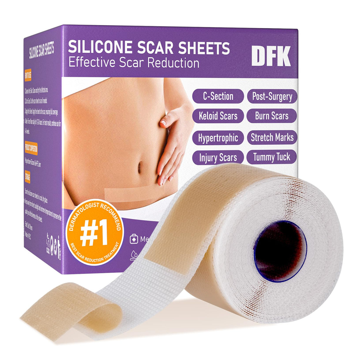 DFK silicone scar sheets pack demonstrates versatile scar care with gentle, hydrating silicone.