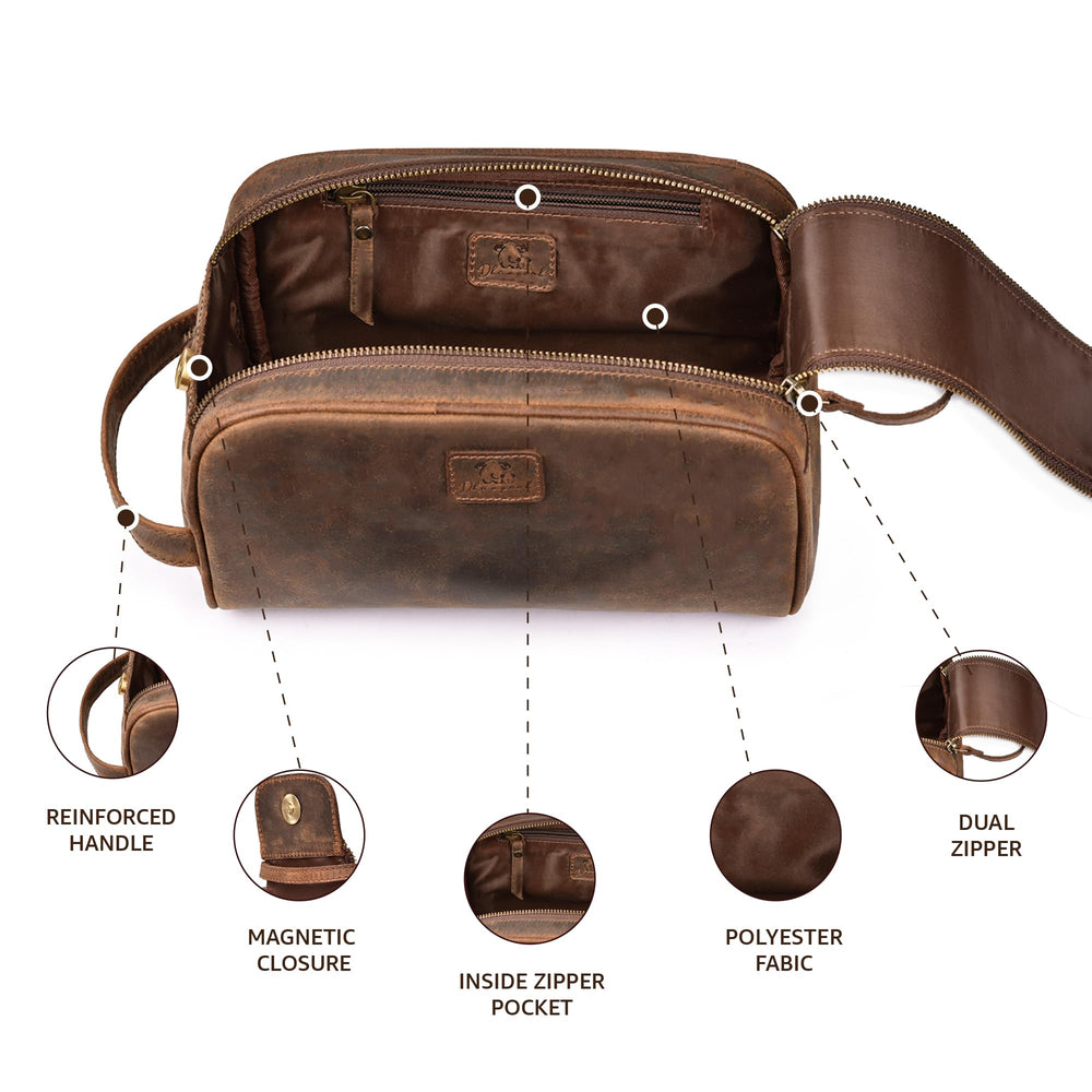 DHAMPOOH King-Size leather pouch sturdy handle adds portable convenience.