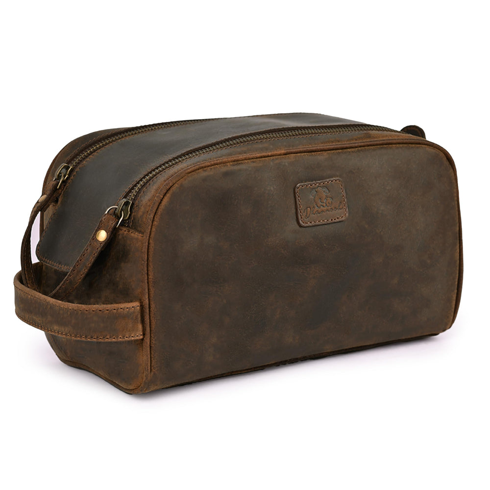 DHAMPOOH leather dopp kit interior reveals organized compartments for easy access.