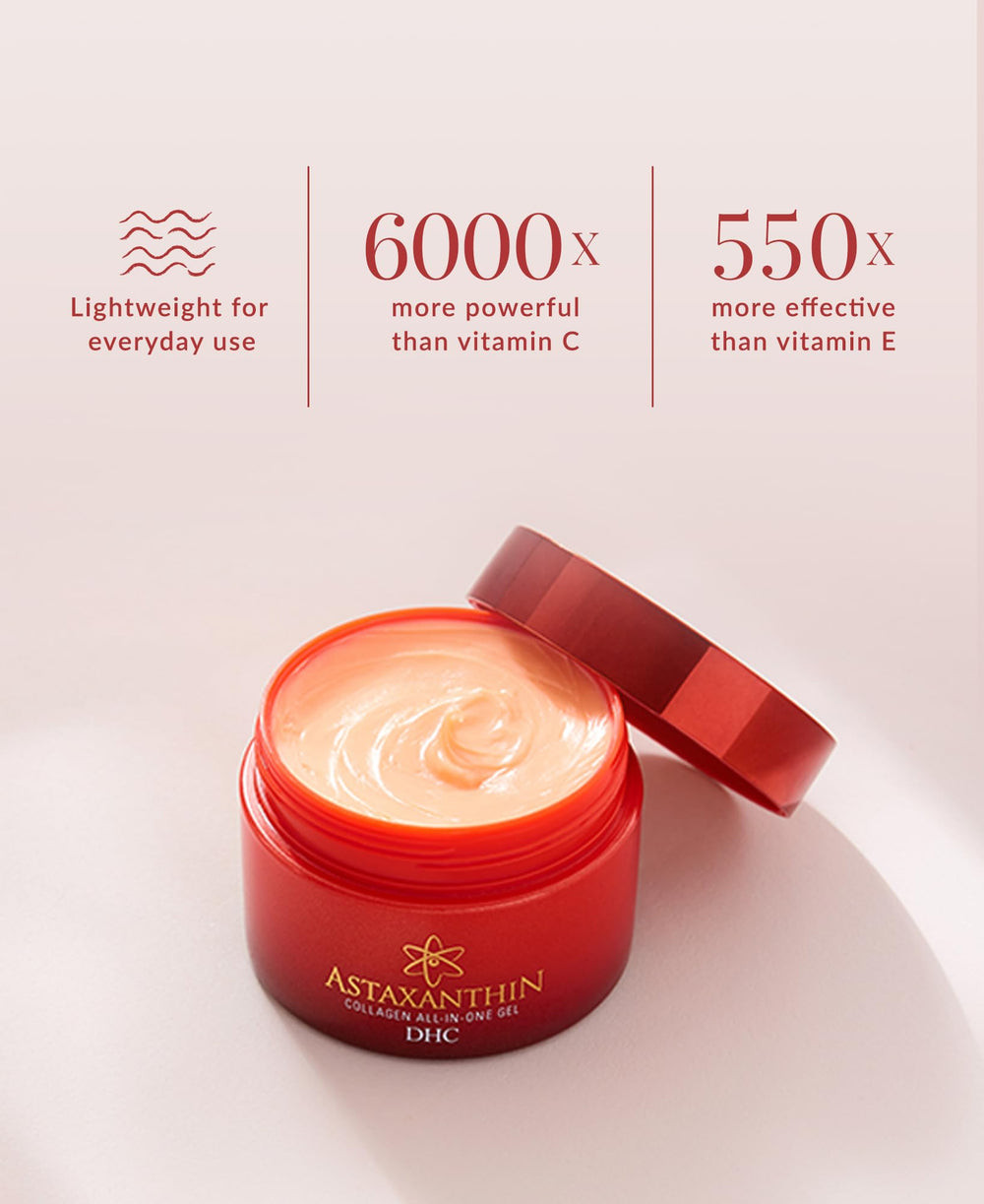 DHC Astaxanthin Collagen All-in-One Gel applied to the hand for lightweight moisture.