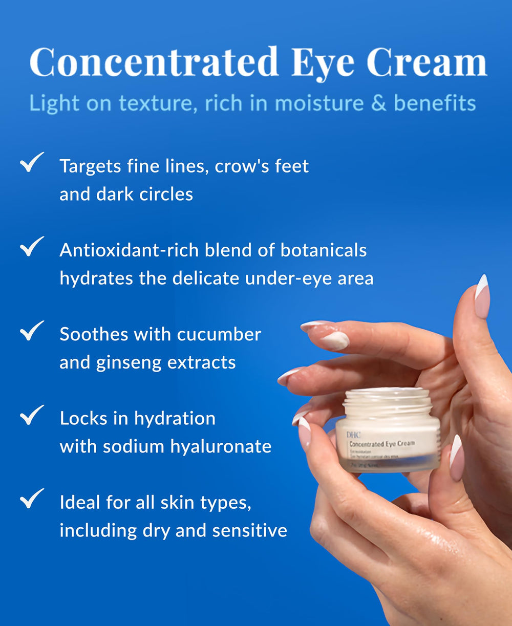 Close-up of DHC Concentrated Eye Cream jar highlighting creamy, hydrating texture.