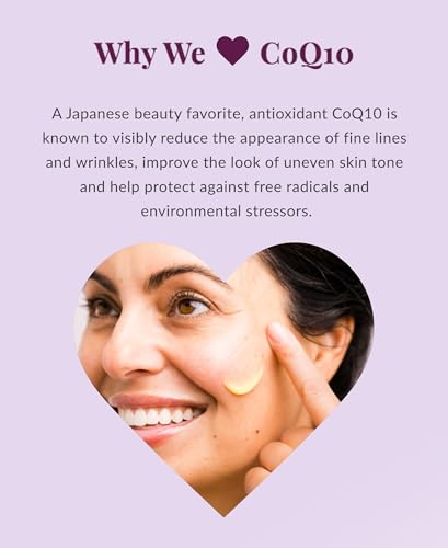 DHC CoQ10 brightening gel swatch with vitamin C and daisy illustration for brighter-looking skin.