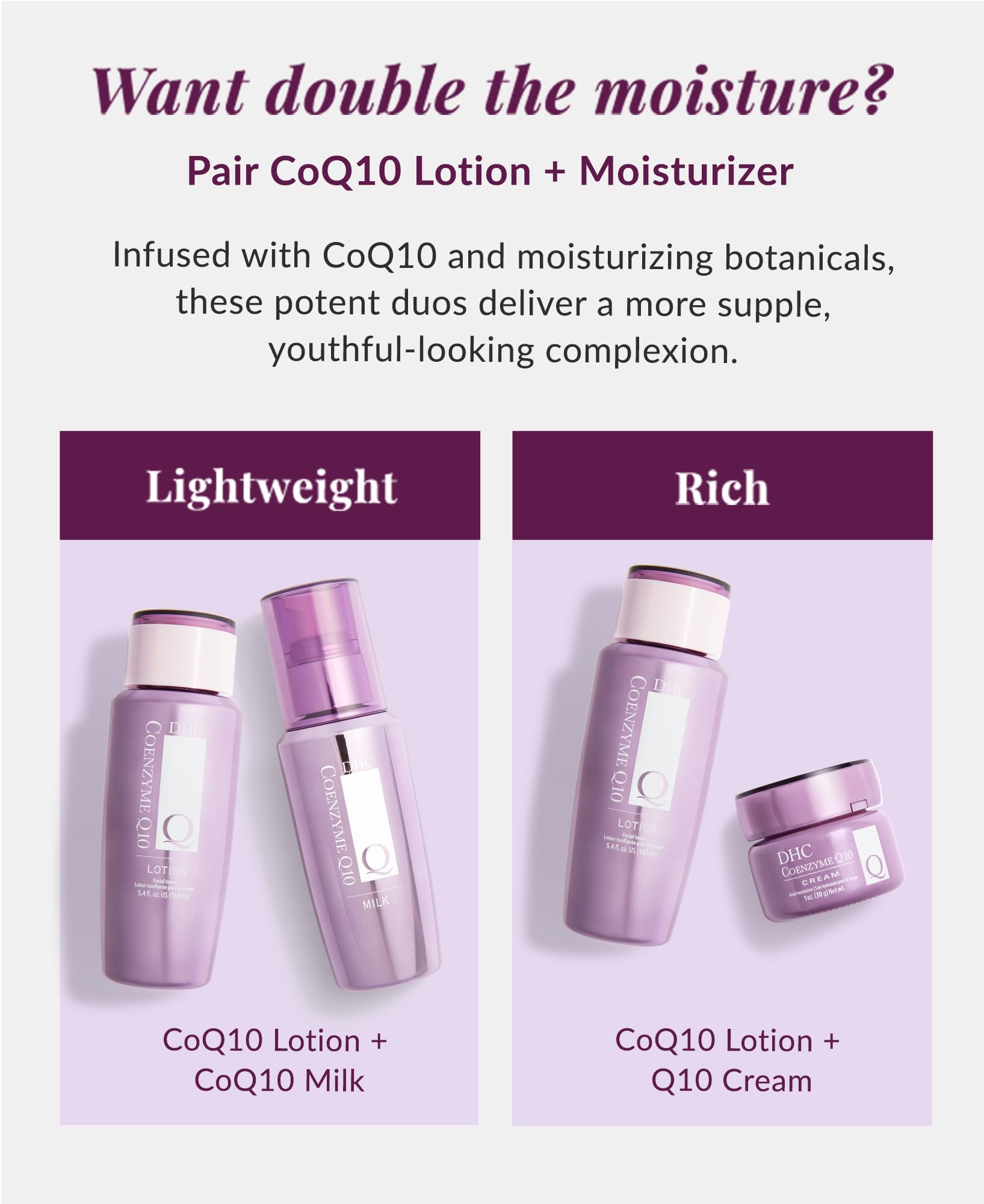 DHC CoQ10 Lotion mature-skin imagery suggests firmer-looking complexion.